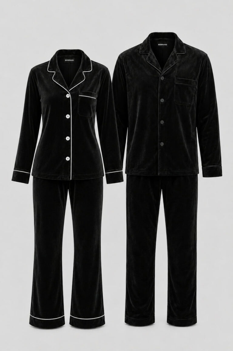 BOBRAND Couples' Matching Pajama Set in Black – Cotton Velour – Top and Pants (2 Pajamas)
