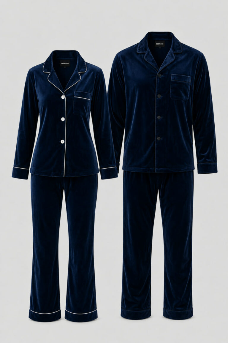 BOBRAND Couples' Matching Pajama Set in Blue – Cotton Velour – Top and Pants (2 Pajamas)