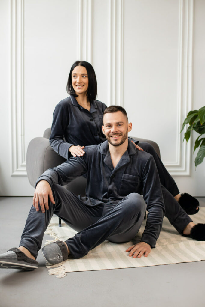 BOBRAND Couples' Matching Pajama Set in Charcoal – Cotton Velour – Top and Pants (2 Pajamas) - image 2