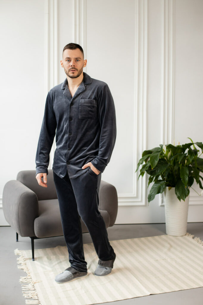BOBRAND Men's Pajama Set in Charcoal – Cotton Velour – Top and Pants - image 2