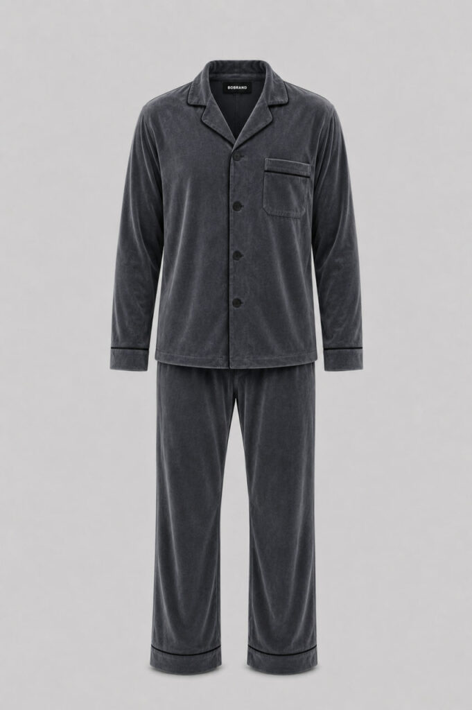 BOBRAND Men's Pajama Set in Charcoal – Cotton Velour – Top and Pants