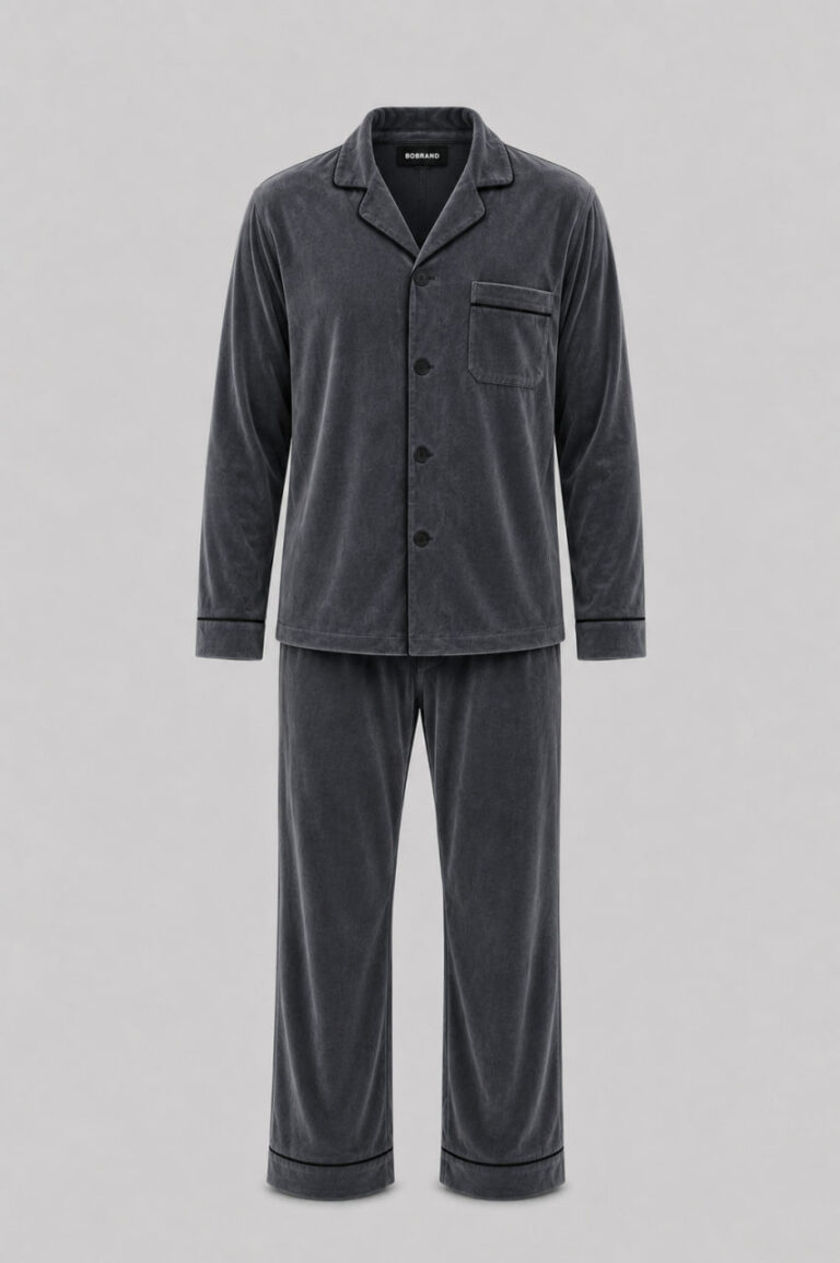 BOBRAND Men's Pajama Set in Charcoal – Cotton Velour – Top and Pants
