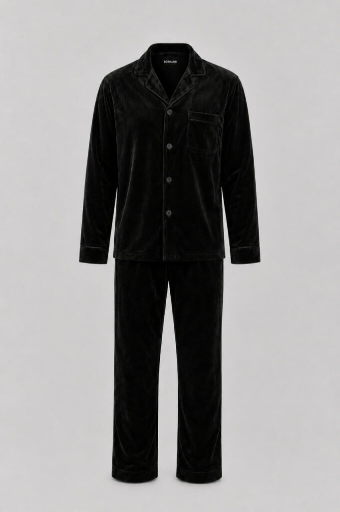 BOBRAND Men's Pajama Set in Black – Cotton Velour – Top and Pants