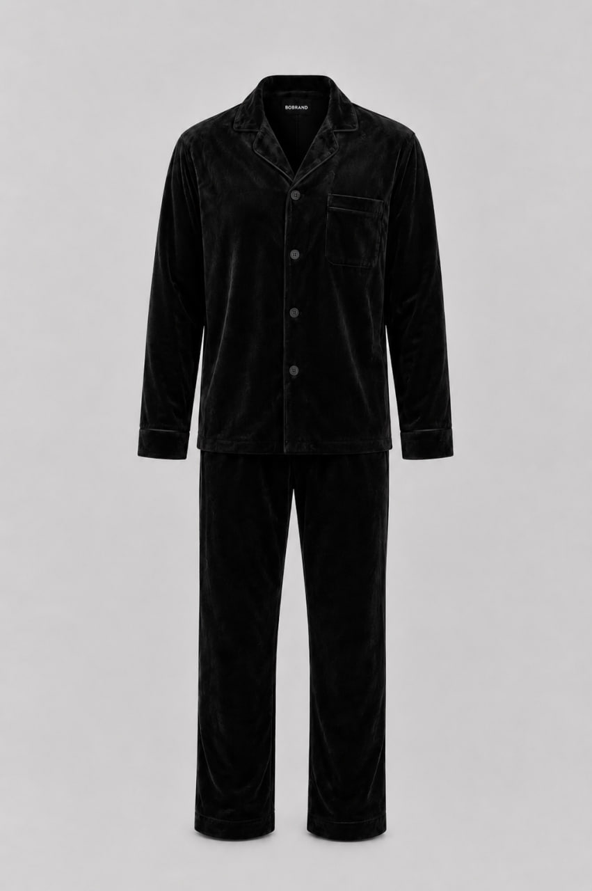 BOBRAND Men's Pajama Set in Black – Cotton Velour – Top and Pants BOBRAND Men's Pajama Set in Black – Cotton Velour – Top and Pants