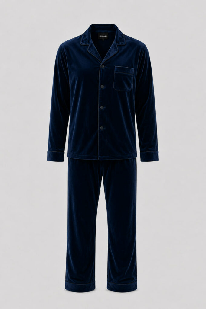 BOBRAND Men's Pajama Set in Blue – Cotton Velour – Top and Pants