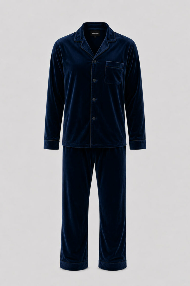 BOBRAND Men's Pajama Set in Blue – Cotton Velour – Top and Pants
