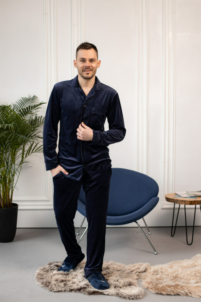BOBRAND Men's Pajama Set in Blue – Cotton Velour – Top and Pants - image 2