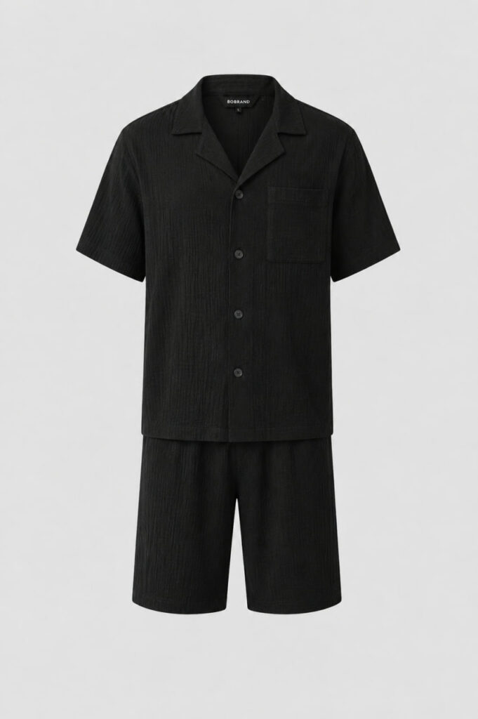 BOBRAND Men's Pajama Set in Black – Double-Layer Muslin – Top and Shorts