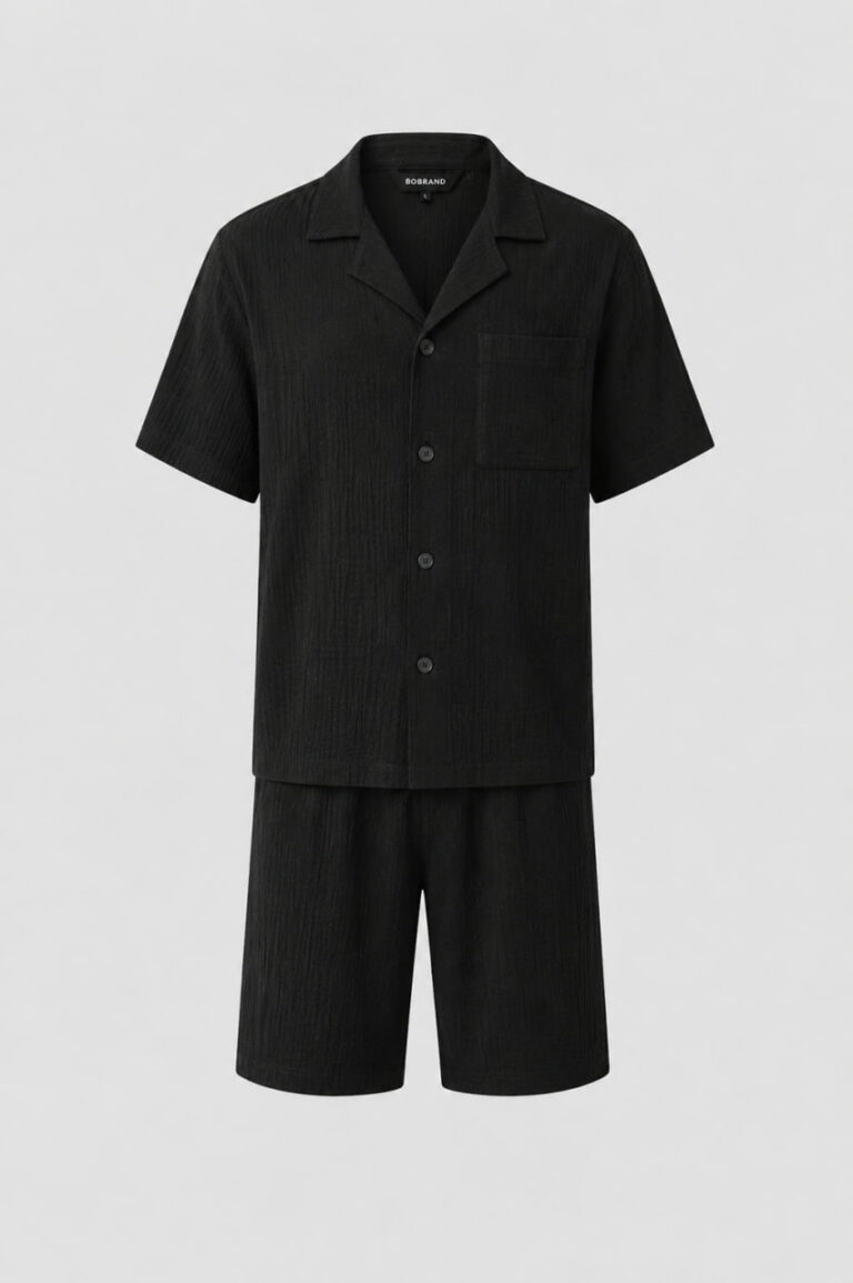 BOBRAND Men's Pajama Set in Black – Double-Layer Muslin – Top and Shorts