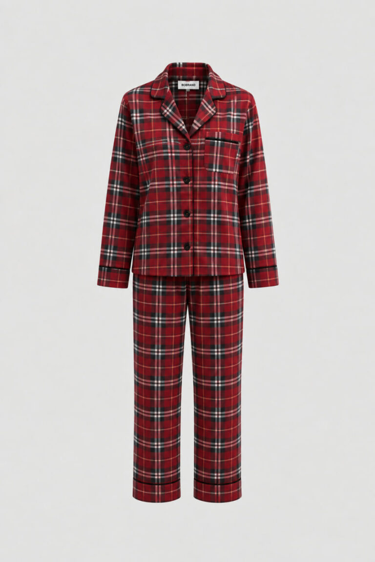 BOBRAND Kids' Pajama Set in Red – Brushed Cotton, Plaid – Top and Pants