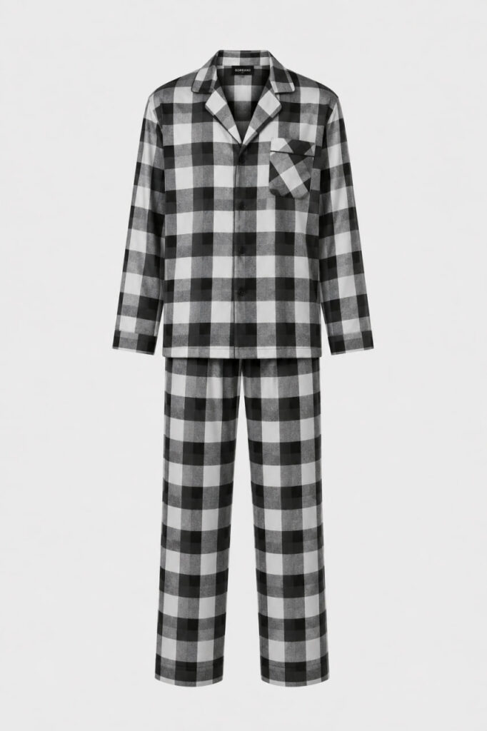 BOBRAND Men's Pajama Set in Gray – Cotton Flannel, Plaid – Top and Pants