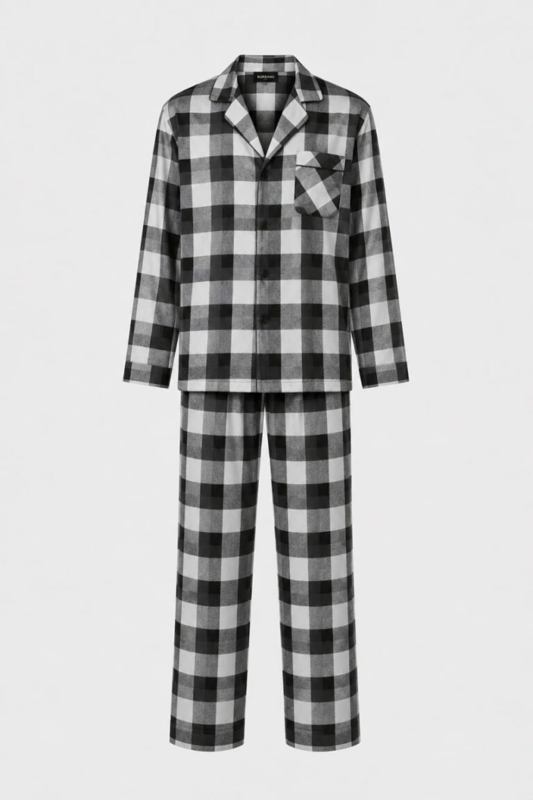 BOBRAND Men's Pajama Set in Gray – Cotton Flannel, Plaid – Top and Pants