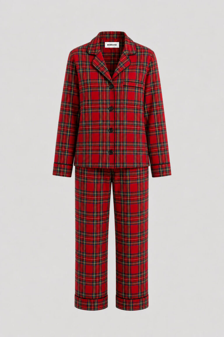 BOBRAND Kids' Pajama Set in Red – Brushed Cotton, Plaid – Top and Pants