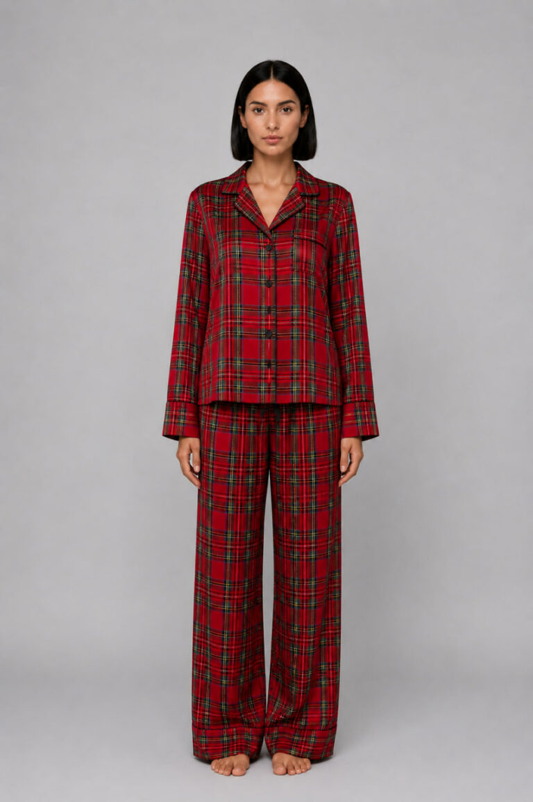 BOBRAND Women's Pajama Set in Red – Brushed Cotton, Plaid – Top and Pants - image 2