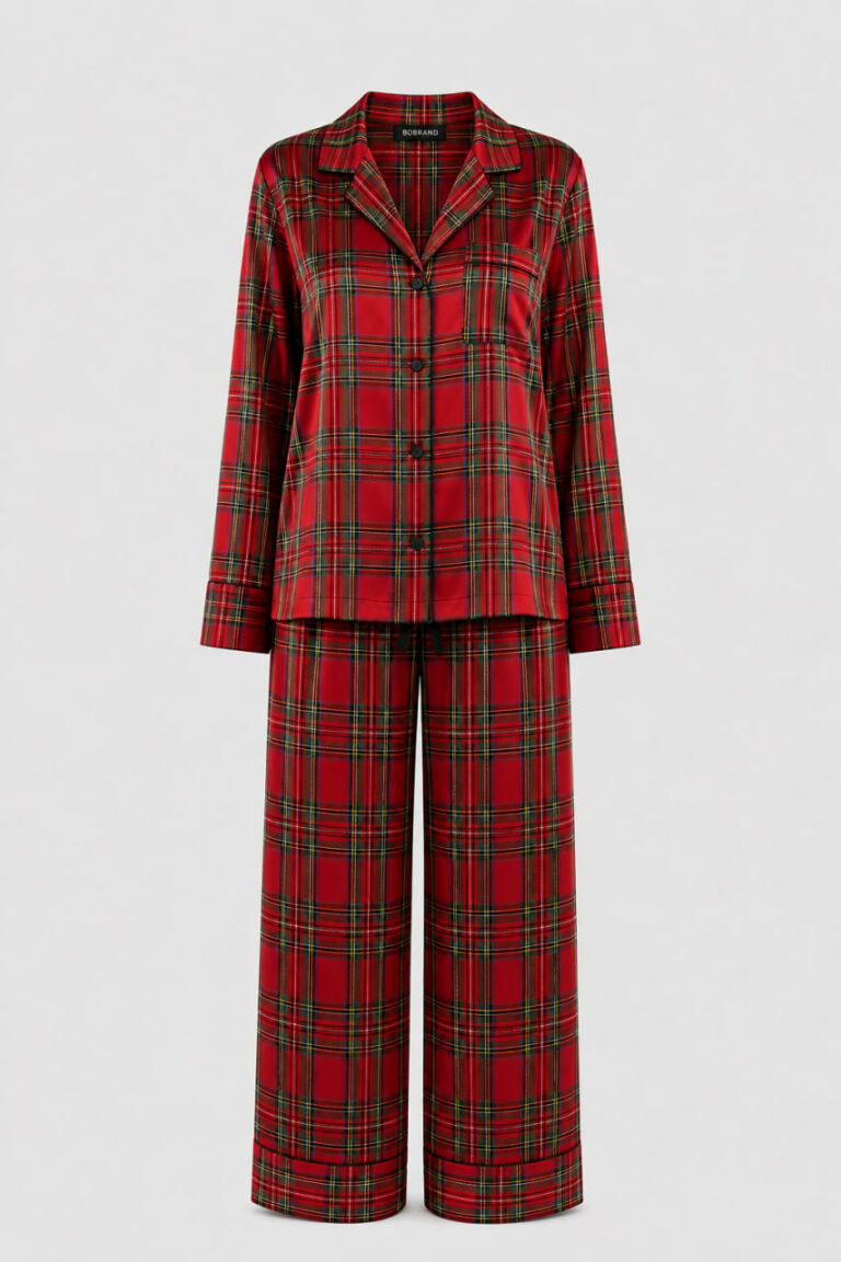 BOBRAND Women's Pajama Set in Red – Brushed Cotton, Plaid – Top and Pants