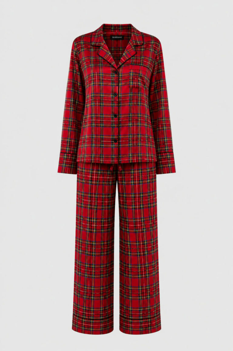 BOBRAND Women's Pajama Set in Red – Brushed Cotton, Plaid – Top and Pants