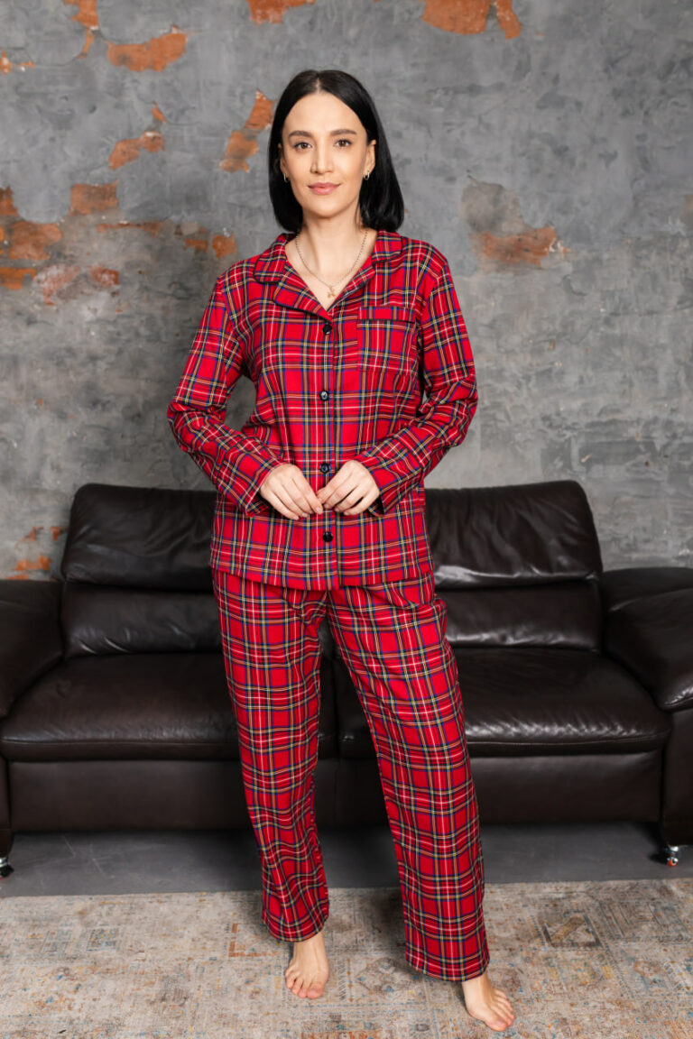 BOBRAND Women's Pajama Set in Red – Brushed Cotton, Plaid – Top and Pants - image 2