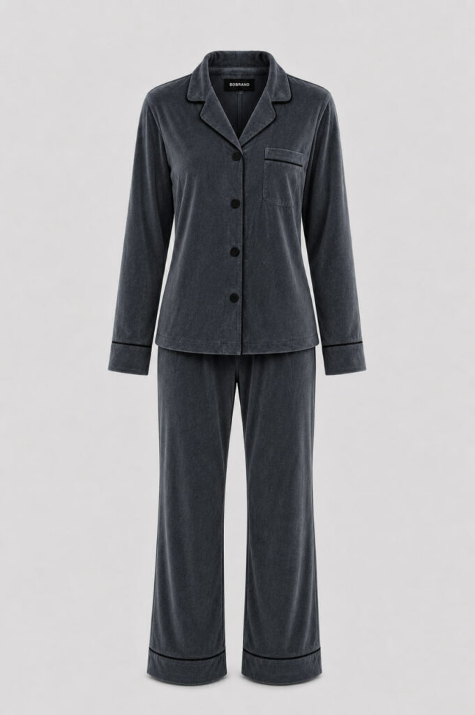 BOBRAND Women's Pajama Set in Gray – Cotton Velour – Top and Pants