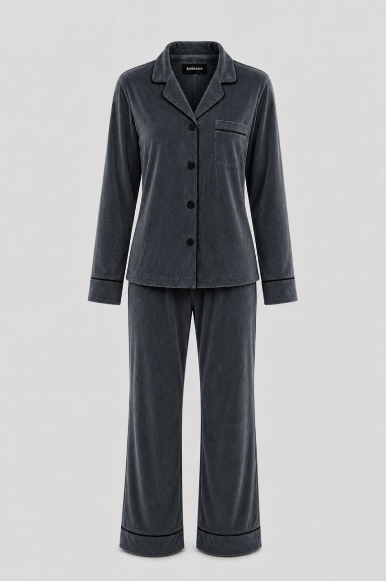 BOBRAND Women's Pajama Set in Gray – Cotton Velour – Top and Pants