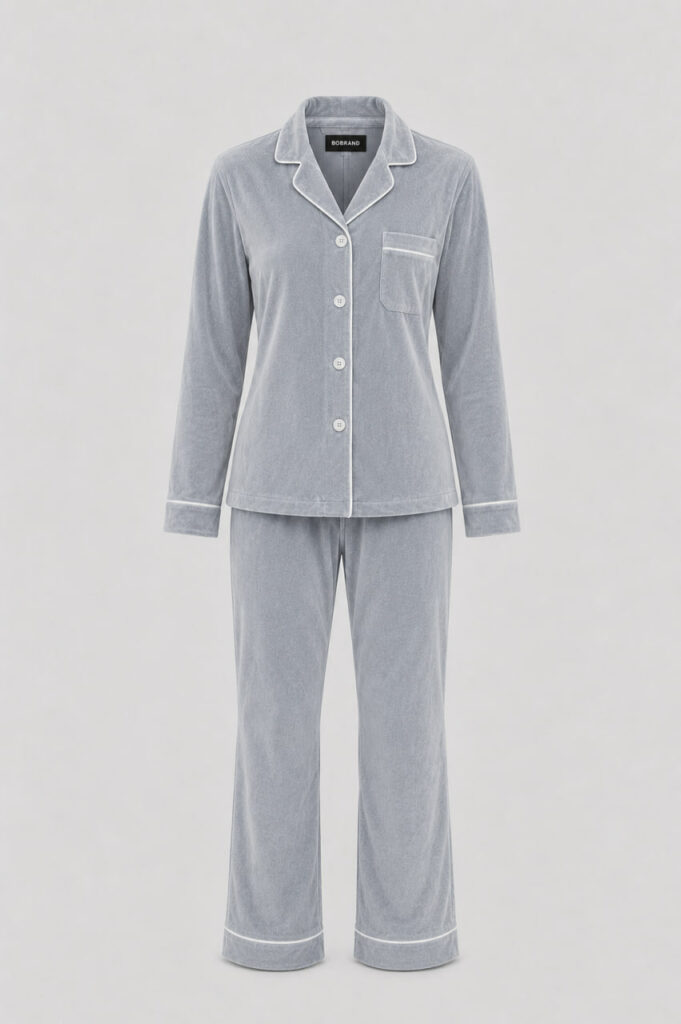 BOBRAND Women's Pajama Set in Gray – Cotton Velour – Top and Pants