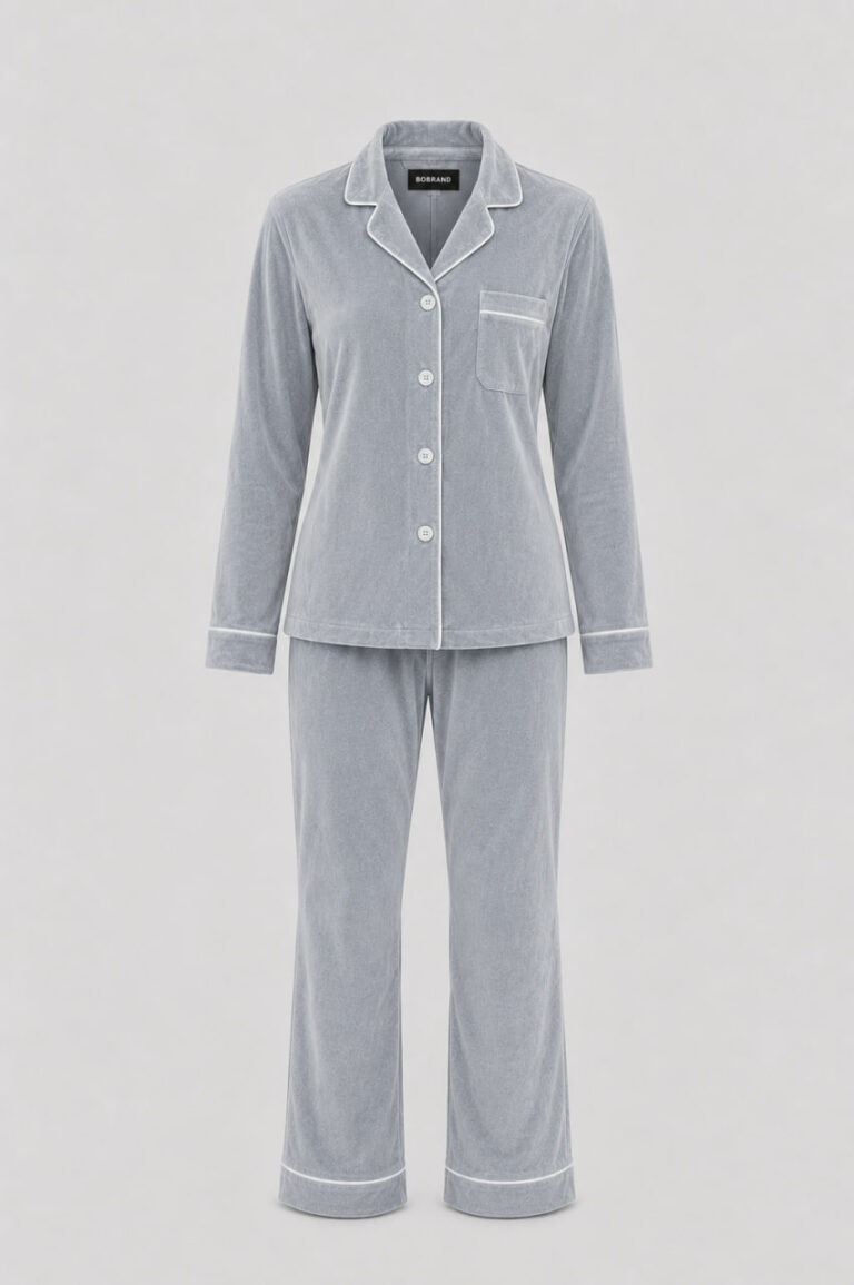BOBRAND Women's Pajama Set in Gray – Cotton Velour – Top and Pants