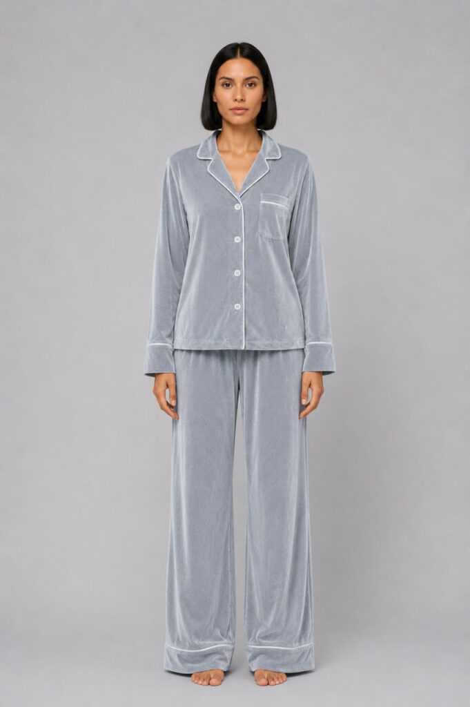BOBRAND Women's Pajama Set in Gray – Cotton Velour – Top and Pants - image 2
