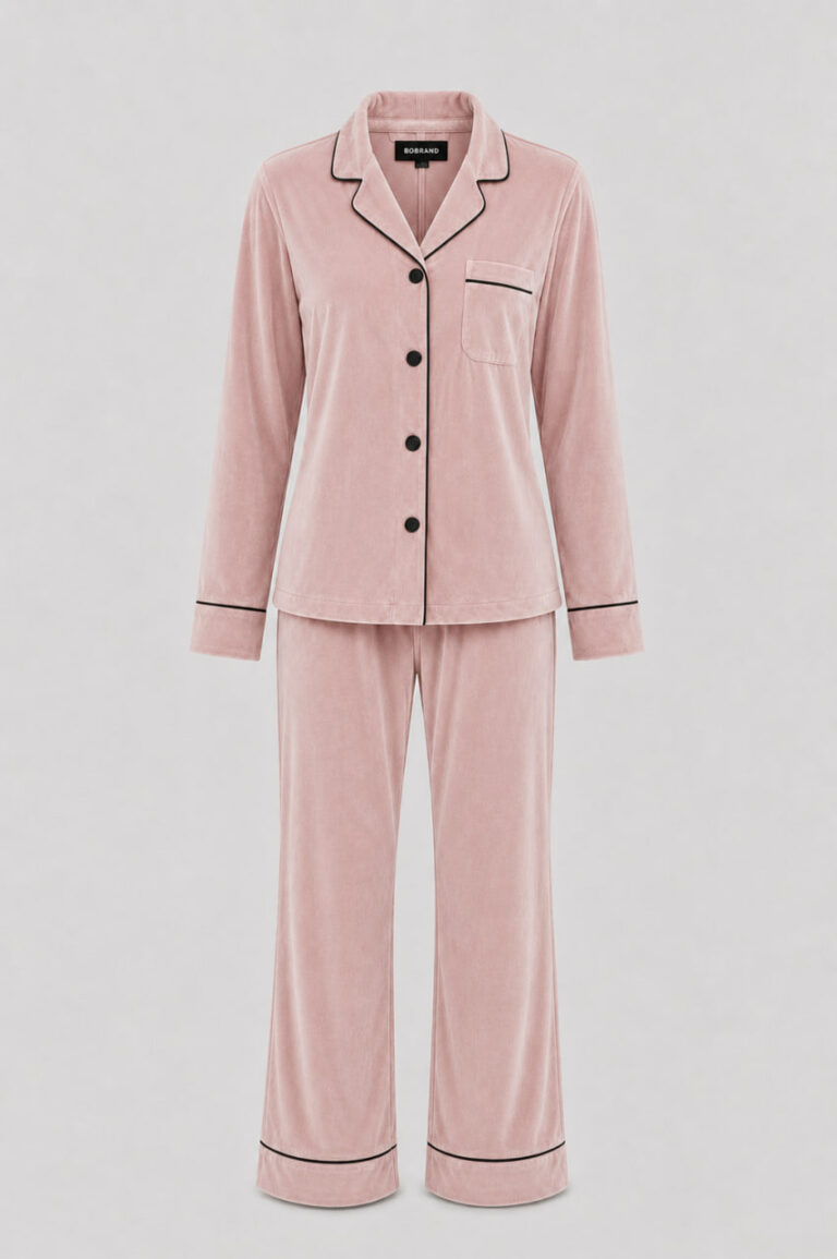 BOBRAND Women's Pajama Set in Powder Pink – Cotton Velour – Top and Pants