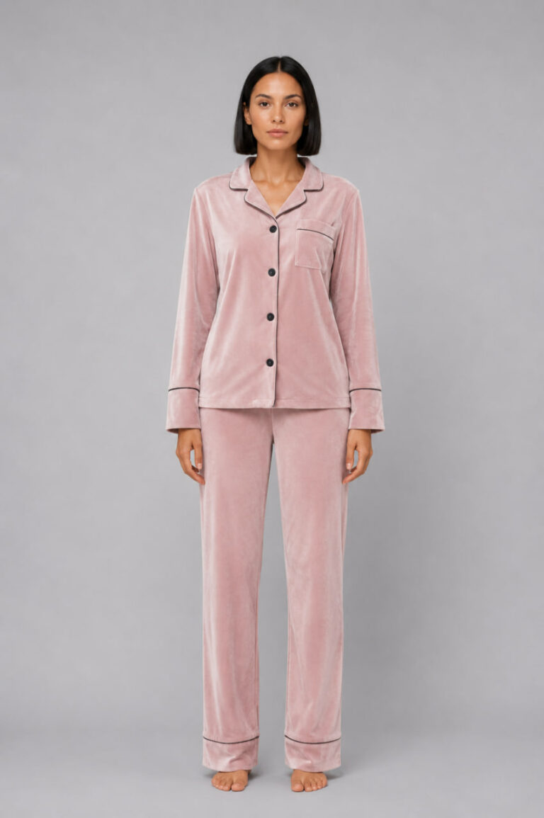 BOBRAND Women's Pajama Set in Powder Pink – Cotton Velour – Top and Pants - image 2