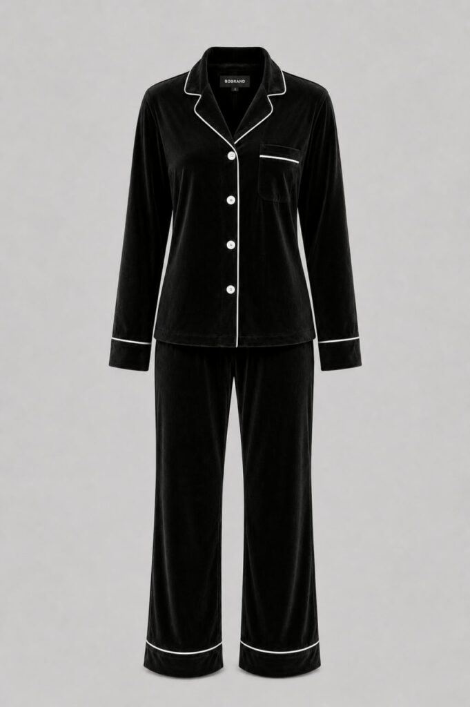 BOBRAND Women's Pajama Set in Black – Cotton Velour – Top and Pants