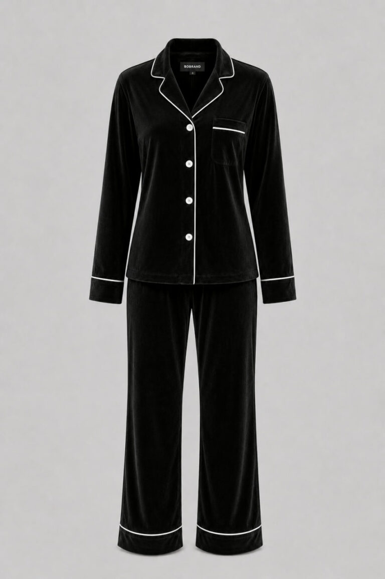 BOBRAND Women's Pajama Set in Black – Cotton Velour – Top and Pants