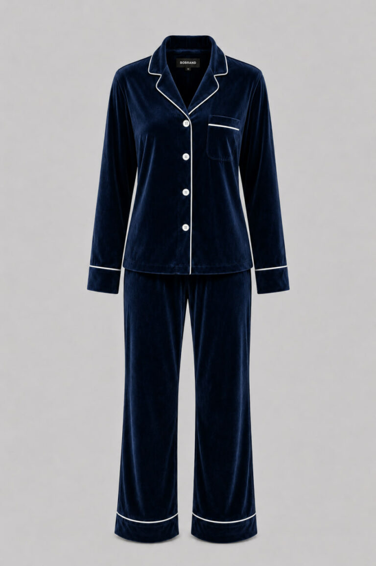 BOBRAND Women's Pajama Set in Blue – Cotton Velour – Top and Pants