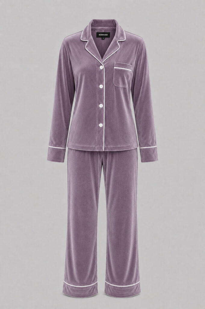 BOBRAND Women's Pajama Set in Brown – Cotton Velour – Top and Pants