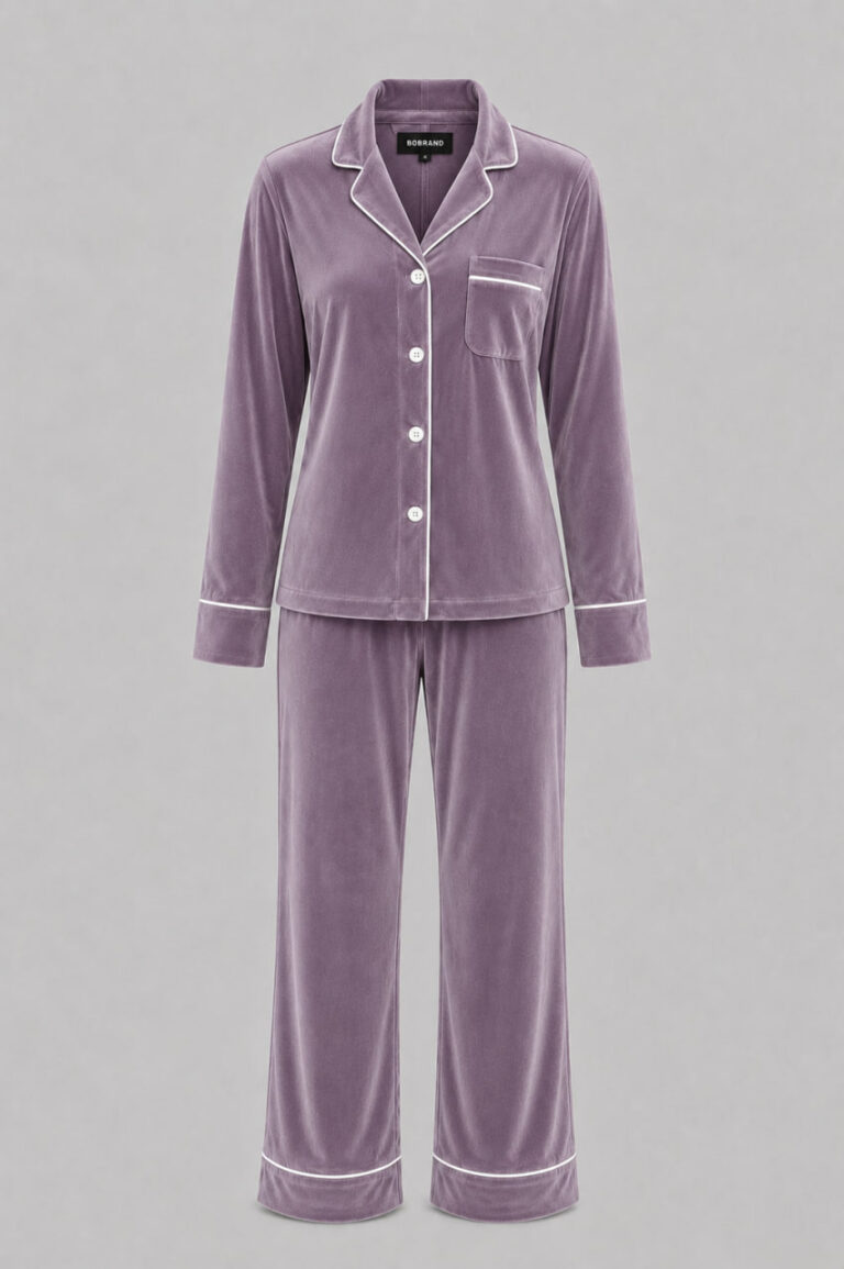 BOBRAND Women's Pajama Set in Brown – Cotton Velour – Top and Pants