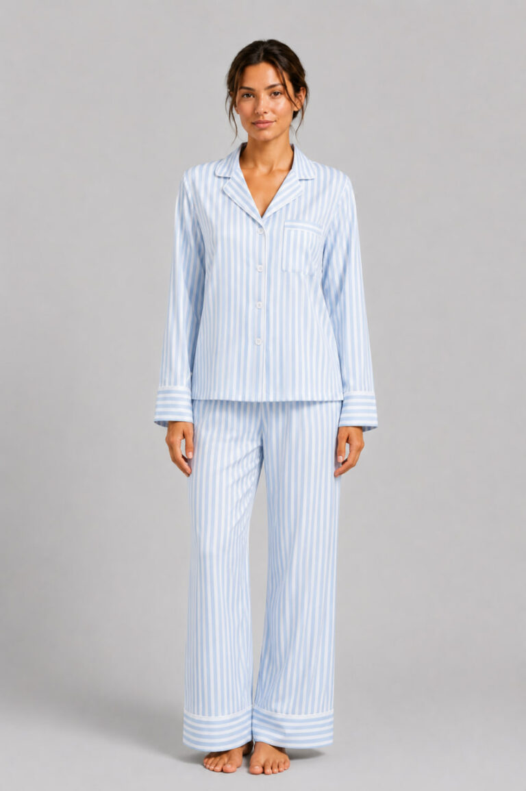 BOBRAND Women's Pajama Set in Light Blue – Cotton, Striped – Top and Pants - image 2