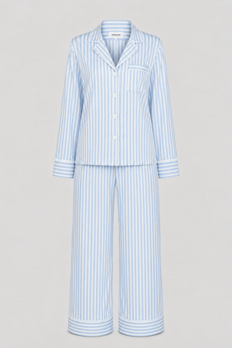 BOBRAND Women's Pajama Set in Light Blue – Cotton, Striped – Top and Pants