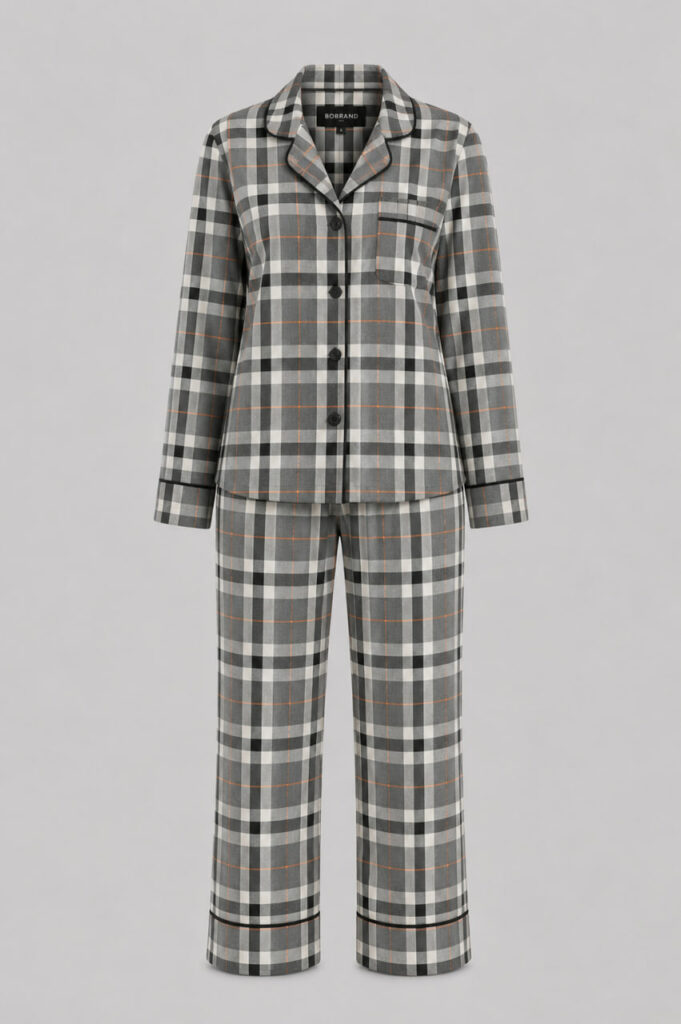 BOBRAND Women's Pajama Set in Gray – Cotton Flannel, Plaid – Top and Pants