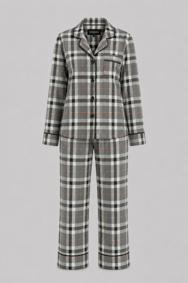 BOBRAND Women's Pajama Set in Gray – Cotton Flannel, Plaid – Top and Pants