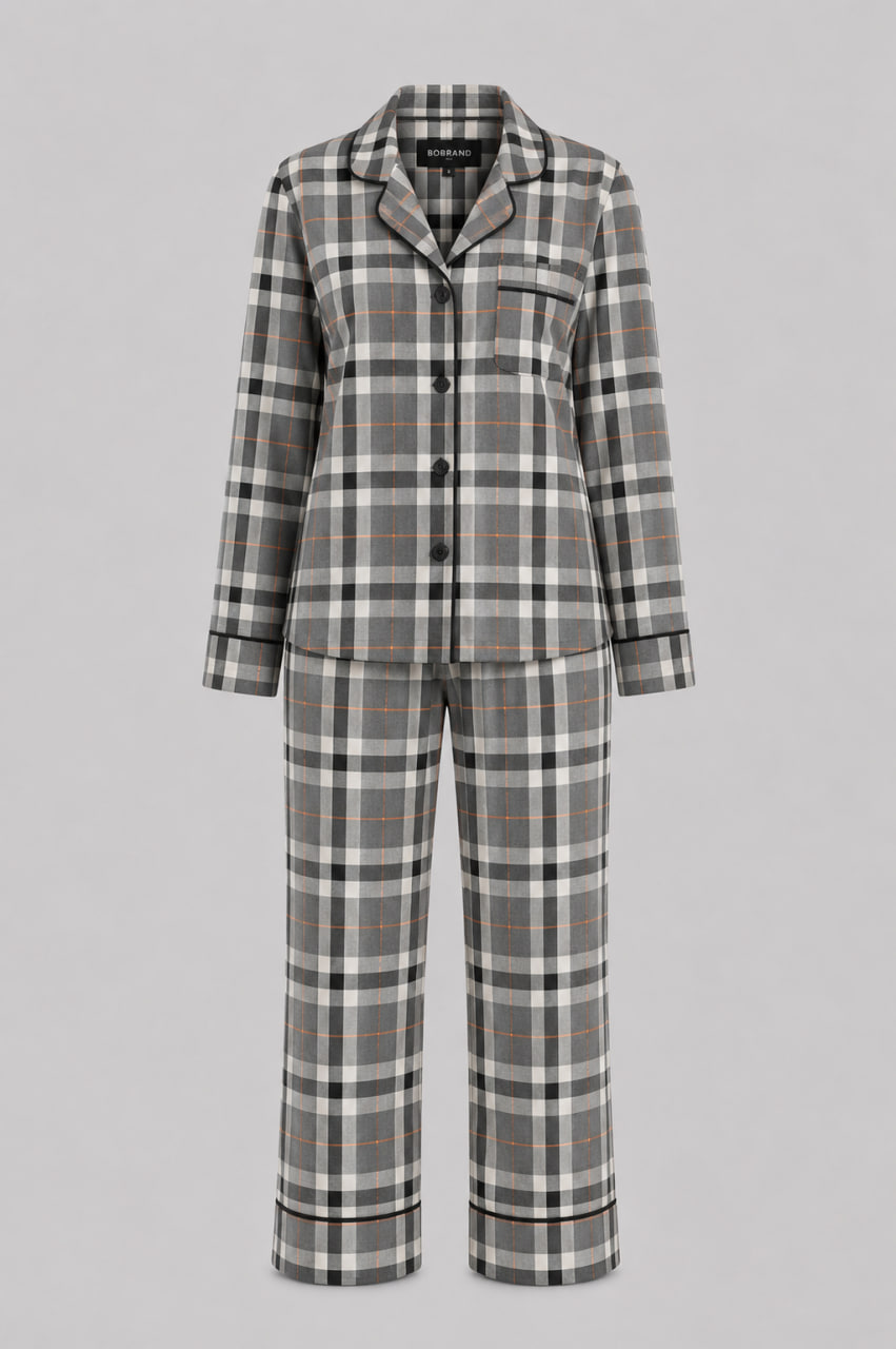 BOBRAND Women's Pajama Set in Gray – Cotton Flannel, Plaid – Top and Pants BOBRAND Women's Pajama Set in Gray – Cotton Flannel, Plaid – Top and Pants