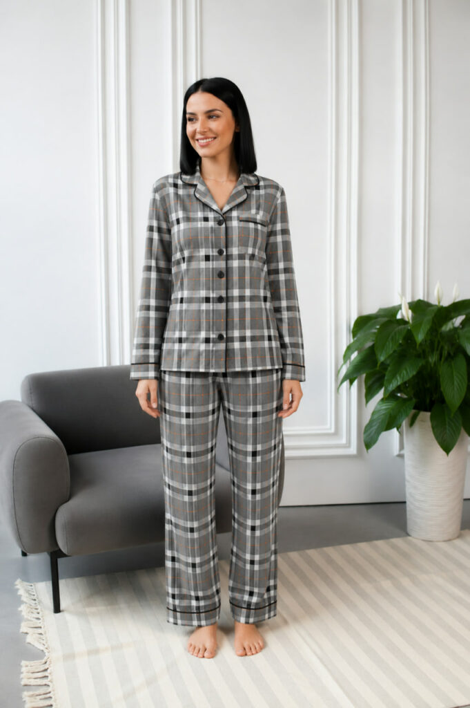 BOBRAND Women's Pajama Set in Gray – Cotton Flannel, Plaid – Top and Pants - image 2