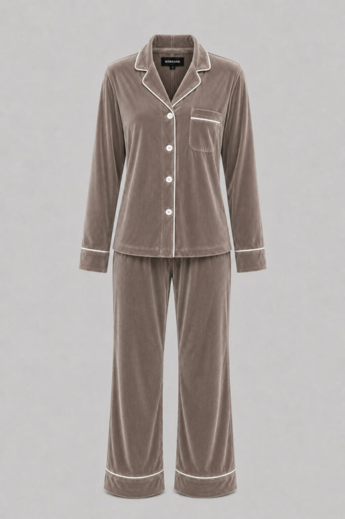 BOBRAND Women's Pajama Set in Brown – Cotton Velour – Top and Pants