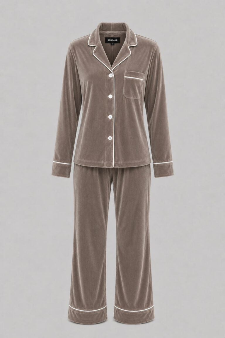 BOBRAND Women's Pajama Set in Brown – Cotton Velour – Top and Pants