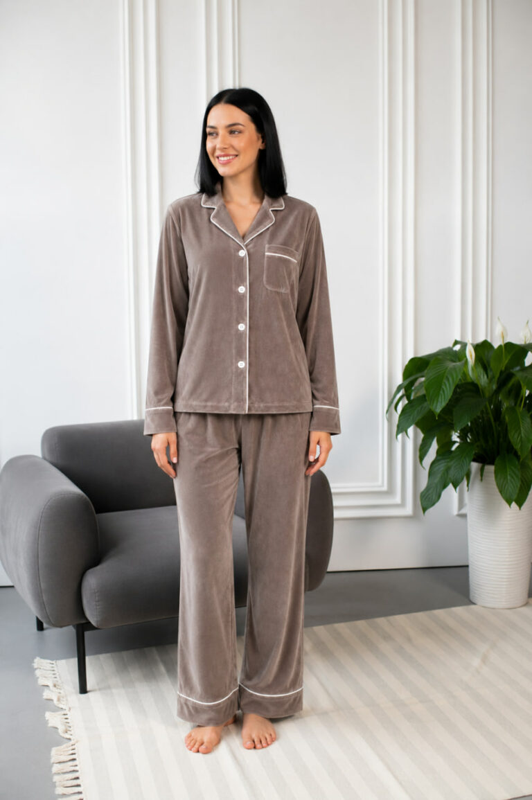 BOBRAND Women's Pajama Set in Brown – Cotton Velour – Top and Pants - image 2