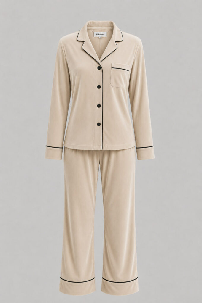 BOBRAND Women's Pajama Set in Beige – Cotton Velour – Top and Pants