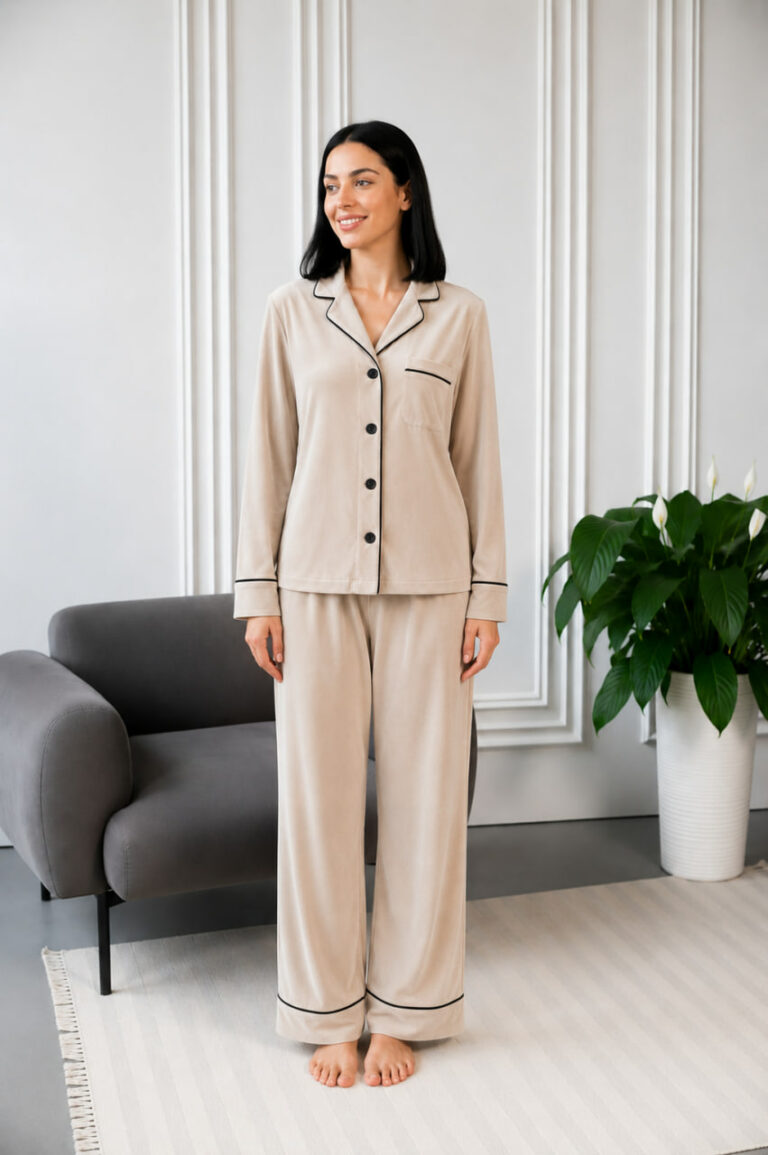 BOBRAND Women's Pajama Set in Beige – Cotton Velour – Top and Pants - image 2
