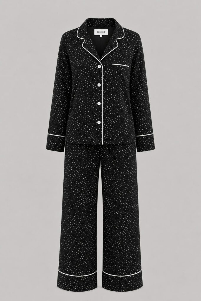 BOBRAND Women's Pajama Set in Black – Viscose, Polka Dot – Top and Pants