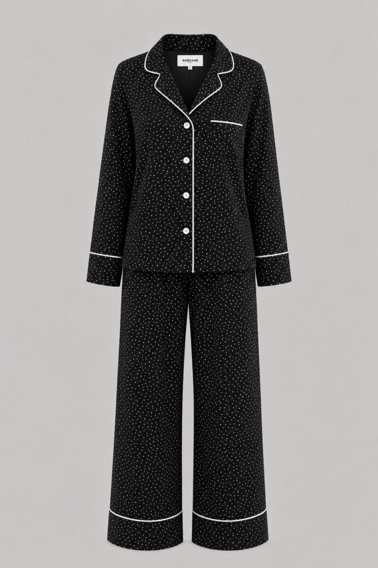 BOBRAND Women's Pajama Set in Black – Viscose, Polka Dot – Top and Pants