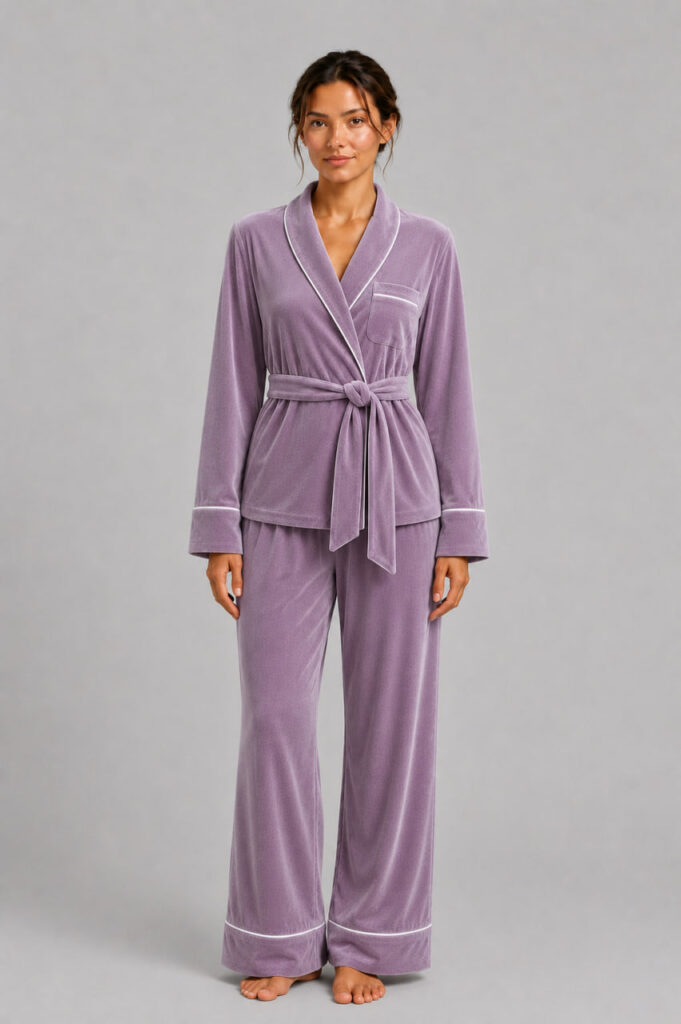 BOBRAND Women's Pajama Set in Purple – Cotton Velour – Belt, Pants, and Robe - image 2