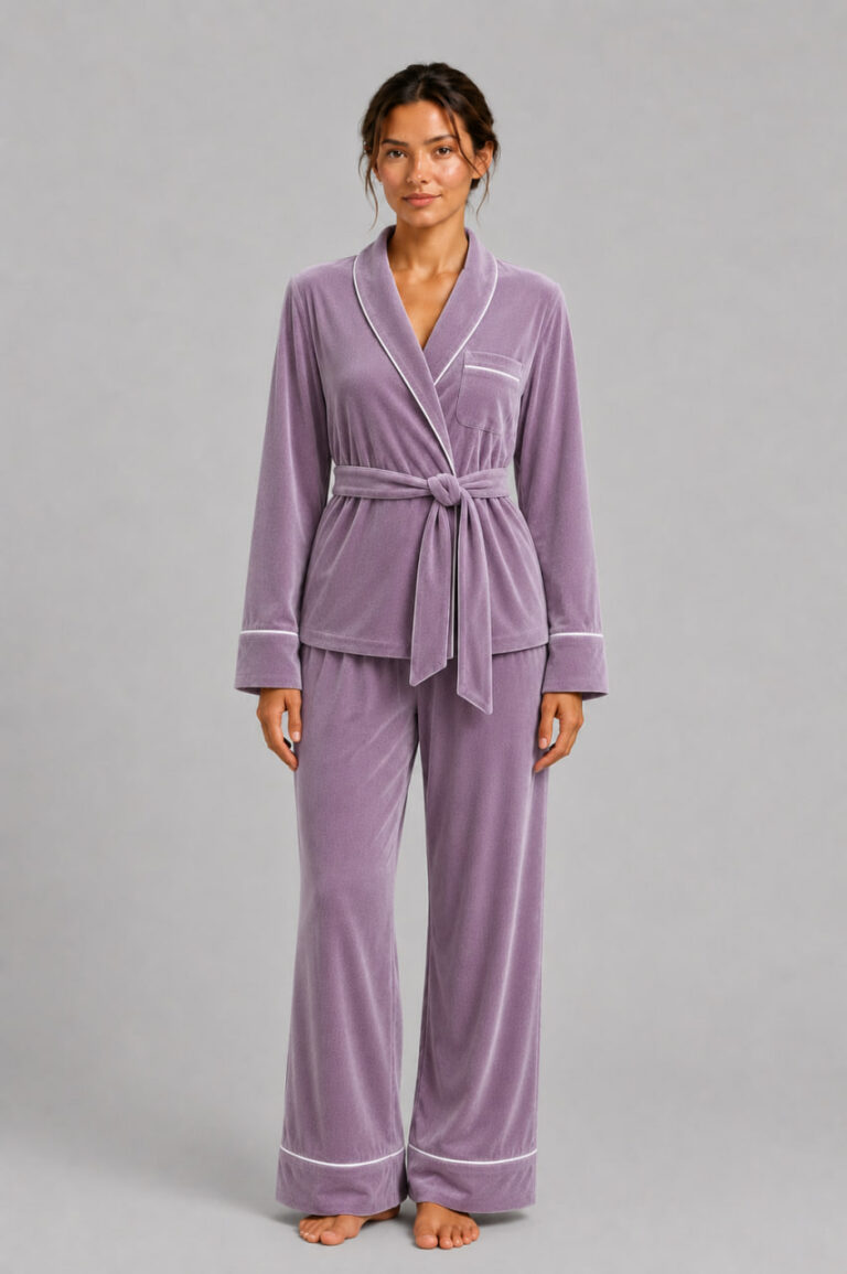 BOBRAND Women's Pajama Set in Purple – Cotton Velour – Belt, Pants, and Robe - image 2