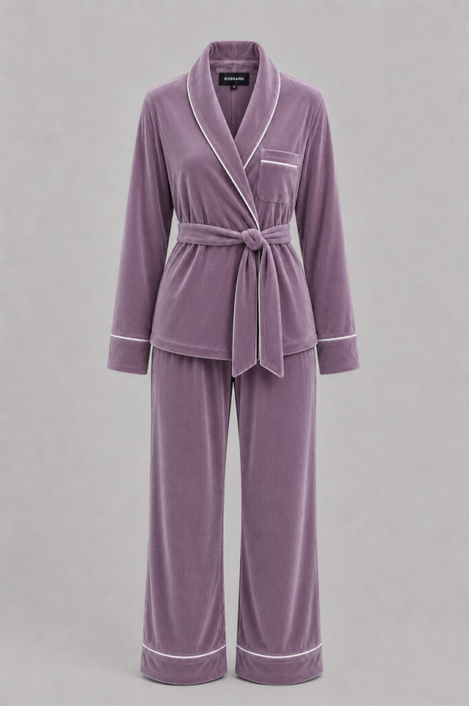 BOBRAND Women's Pajama Set in Purple – Cotton Velour – Belt, Pants, and Robe