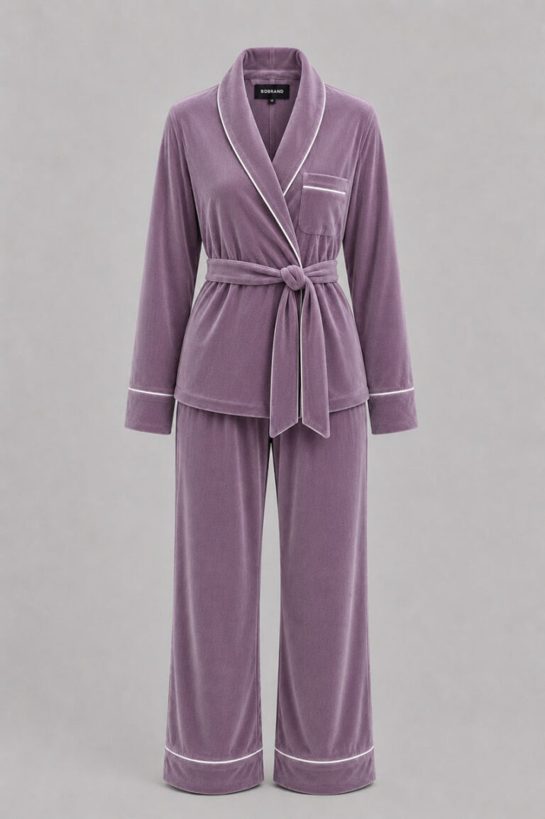 BOBRAND Women's Pajama Set in Purple – Cotton Velour – Belt, Pants, and Robe